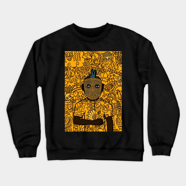 Dark Doodle Male Character with Mannequin Glyph in Mysterious Doodle Background Crewneck Sweatshirt by Hashed Art